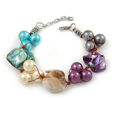 Multicoloured Shell , Faux Pearl Bead Cluster Bracelet - 16cm L/ 3cm Ext - For Smaller Wrists - main view