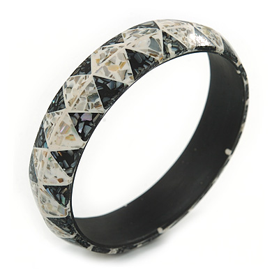 Grey/ White Mosaic Shell Component Resin Bangle Bracelet - 18cm L/ Medium