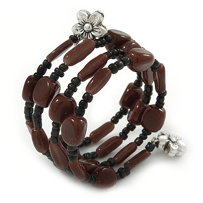 Brown/ Black Ceramic and Glass Bead Coiled Flex Bracelet - 18cm L - main view
