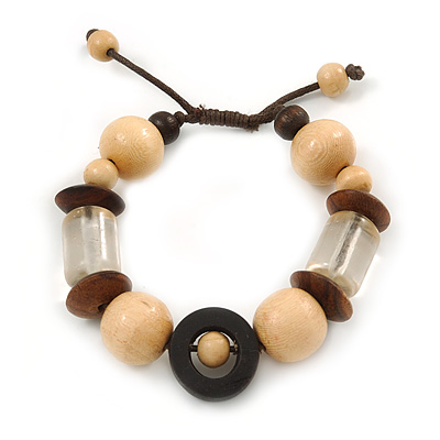 Brown/ Natural Wood and Transparent Acrylic Bead Bracelet with Cotton Cords - Adjustable