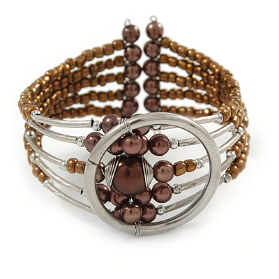 Brown Bronze Acrylic Bead Wristwatch Style Flex Cuff Bracelet - 19cm L - main view