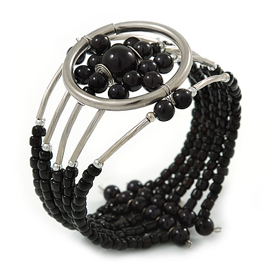 Black Acrylic Bead Wristwatch Style Flex Cuff Bracelet - 19cm L - main view
