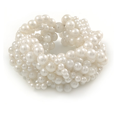 Wide Chunky White Acrylic Bead Multistrand Plaited Bracelet - 19cm L - Large - main view