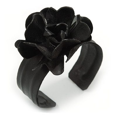 Black Leather Style Rose Flex Cuff Bracelet - Adjustable