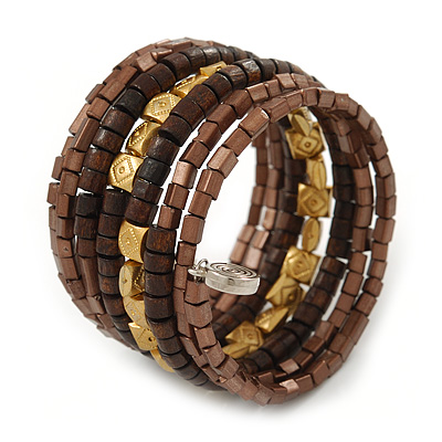 Brown/ Gold Wood, Acrylic Bead Coiled Flex Bracelet - 19cm L - main view