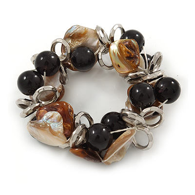 Brown/ Natural Sea Shell Black Acrylic Bead with Silver Tone Metal Links Flex Bracelet - 17cm L - main view