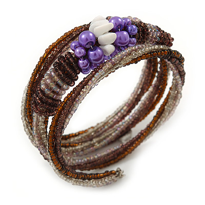 Glass Bead, Faux Pearl Coiled Flex Bracelet (Purple, Plum, Brown) - 18cm L - main view