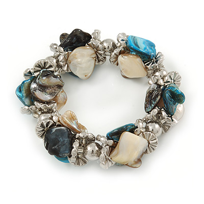 Blue/ Natural Sea Shell Silver Tone Acrylic Bead Flex Bracelet - 18cm L - main view