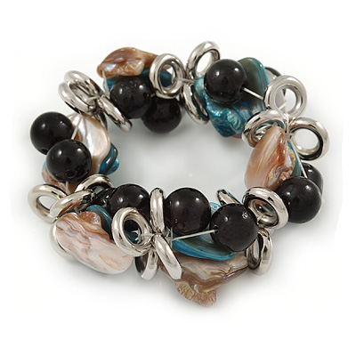 Blue/ Natural Sea Shell Black Acrylic Bead with Silver Tone Metal Links Flex Bracelet - 17cm L - main view