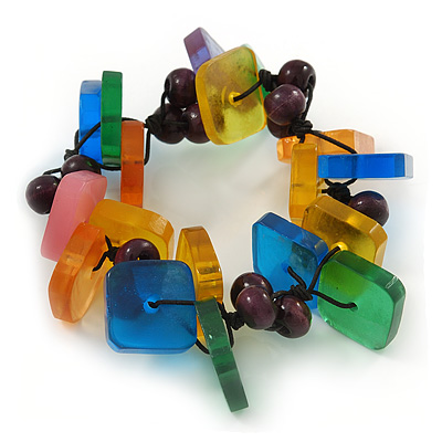 Multicoloured Square Acrylic Bead Flex Bracelet - 18cm L - main view