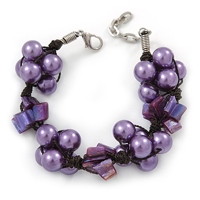 Purple Shell Nugget, Faux Pearl Bead Cluster Bracelet - 16cm L/ 3cm Ext - For Smaller Wrists - main view