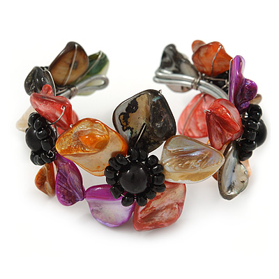 Multicoloured Floral Sea Shell & Simulated Pearl Cuff Bracelet (Silver Tone) - Adjustable - main view