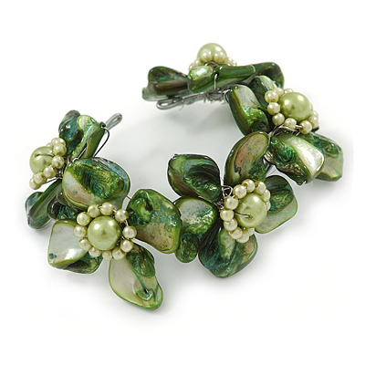 Stunning Green Shell, Faux Pearl Bead Floral Flex Cuff Bracelet - 18cm L - main view