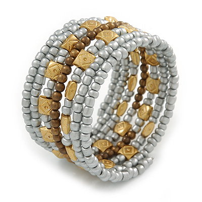 Light Grey, Brown, Gold Acrylic Glass Bead Multistrand Coiled Flex Bracelet - Adjustable - main view