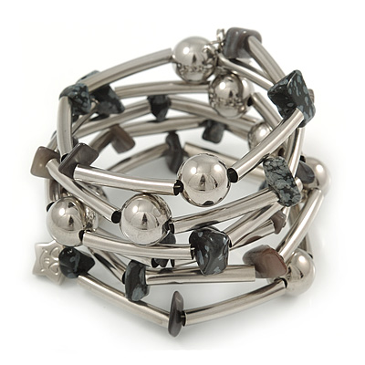 Silver Tone Metal Ball, Grey Semiprecious Stone Multistrand Flex Bracelet - Adjustable - main view