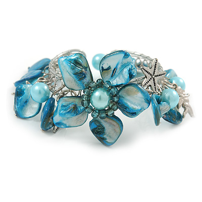 Blue Sea Shell, Faux Pearl Bead Floral Cuff Bracelet In Silver Tone - Adjustable - main view