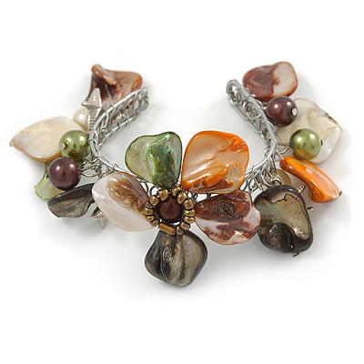 Multi Sea Shell, Faux Pearl Bead Floral Cuff Bracelet In Silver Tone - Adjustable