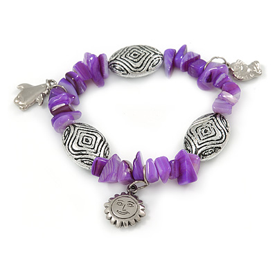 Amethyst Glass Bead Charm Bracelet In Silver Tone - 20cm L - Large - main view