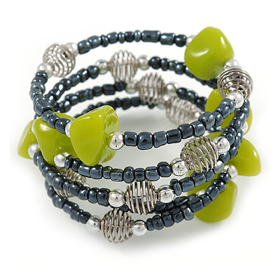 Peacock/ Grey Glass Bead Olive Green Glass Nugget Multistrand Coiled Flex Bracelet - Adjustable - main view