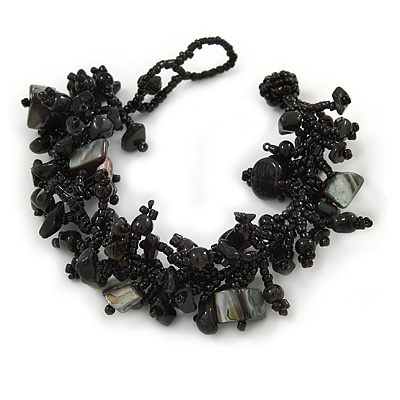 Black/ Dark Grey Stone, Glass, Shell Cluster Bead Bracelet - 17cm L