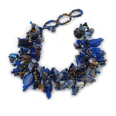 Blue/ Brown Stone, Glass, Shell Cluster Bead Bracelet - 17cm L - main view