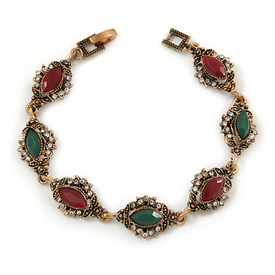 Vintage Inspired Turkish Style Crystal, Acrylic Bracelet In Bronze Tone (Green, Burgundy Red) - 17cm L - main view