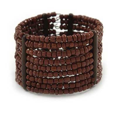 Wide Multistrand Brown Glass Bead Flex Cuff Bracelet - 17cm L