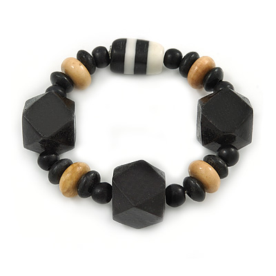 Black, Natural Wood and Resin Bead Stretch Bracelet - 18cm L - main view