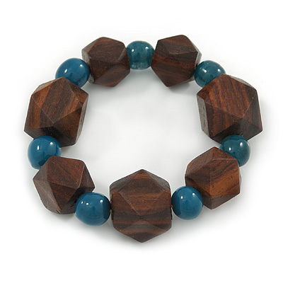 Brown Wood, Teal Ceramic Beads Flex Bracelet - 18cm L - main view