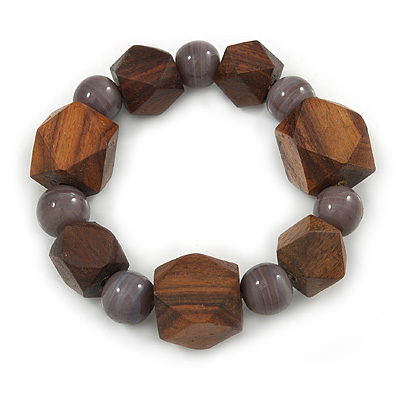 Brown Wood, Grey Ceramic Beads Flex Bracelet - 18cm L - main view