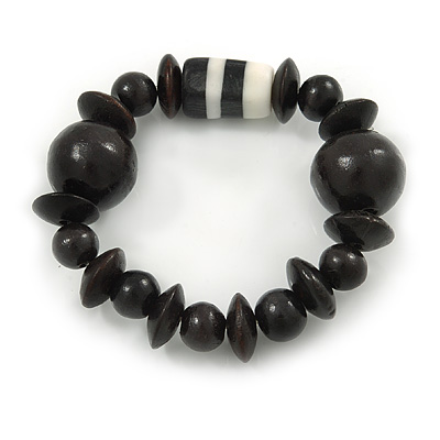 Black Wood and Resin Bead Stretch Bracelet - 18cm L - main view