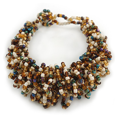 Gold/ White/ Peacock Glass Bead Chunky Weaved Bracelet - 17cm L/ 2cm Ext/ Medium