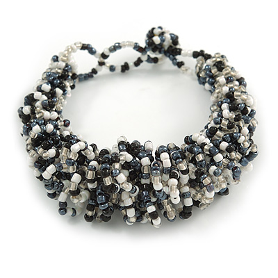 Black/ White/ Transparent Glass Bead Chunky Weaved Bracelet - 17cm L/ 2cm Ext - main view