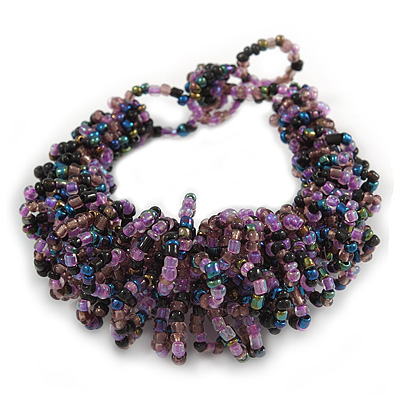 Black/ Lavender/ Peacock Glass Bead Chunky Weaved Bracelet - 16cm L/ 2cm Ext/ Small