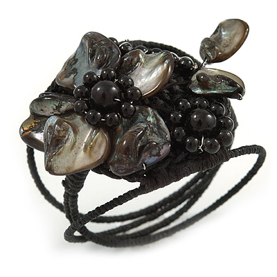 Black Shell Bead Flower Wired Flex Bracelet - Adjustable - main view