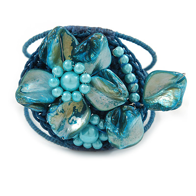 Light Blue Shell Bead Flower Wired Flex Bracelet - Adjustable