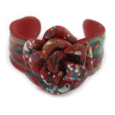 Romantic Dark Red Flower Leather Cuff Bracelet - Adjustable