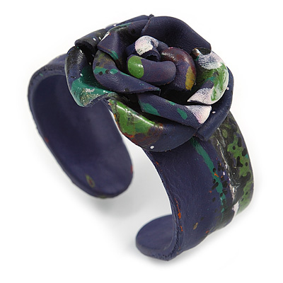 Romantic Purple Flower Leather Cuff Bracelet - Adjustable