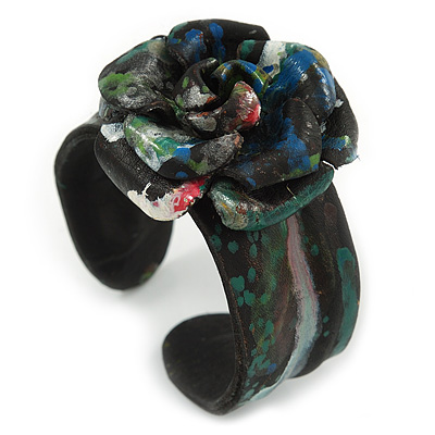Romantic Black Flower Leather Cuff Bracelet - Adjustable - main view