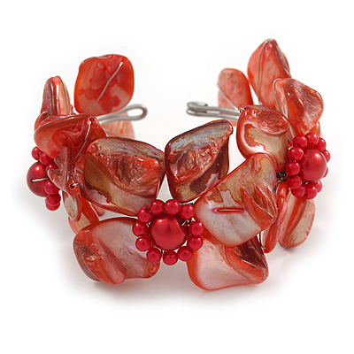 Red Shell Floral Flex Cuff Bracelet - Adjustable - main view