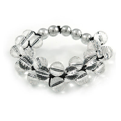 Fancy Transparent/ Silver Acrylic Bead Flex Bracelet - 16cm L- Small