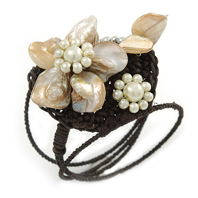 Antique White Shell Bead Flower Wired Flex Bracelet - Adjustable - main view