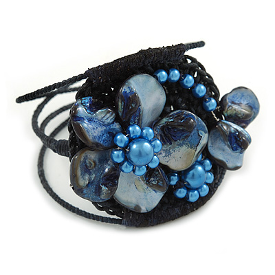 Cobalt Blue Shell Bead Flower Wired Flex Bracelet - Adjustable