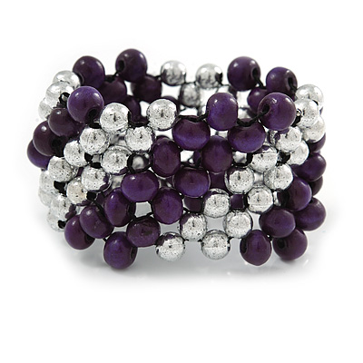 Purple Wood, Silver Acrylic Bead Flex Bracelet - 17cm L - main view