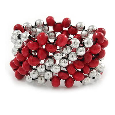 Raspberry Red Wood, Silver Acrylic Bead Flex Bracelet - 17cm L - main view