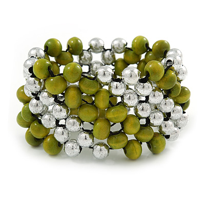 Olive Green Wood, Silver Acrylic Bead Flex Bracelet - 17cm L - main view