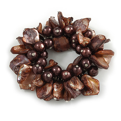 125g Chunky Brown Glass Beads and Shell Nuggets Flex Bracelet - 18cm L - main view