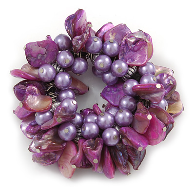 Chunky Purple Shell, Glass Bead Flex Bracelet - 20cm L/ Large - main view
