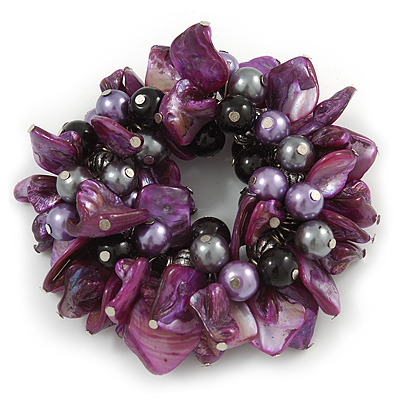 Chunky Purple Shell, Black/ Grey Glass Bead Flex Bracelet - 20cm L/ Large