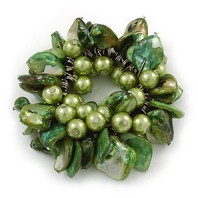 Chunky Green Shell, Glass Bead Flex Bracelet - 20cm L/ Large - main view